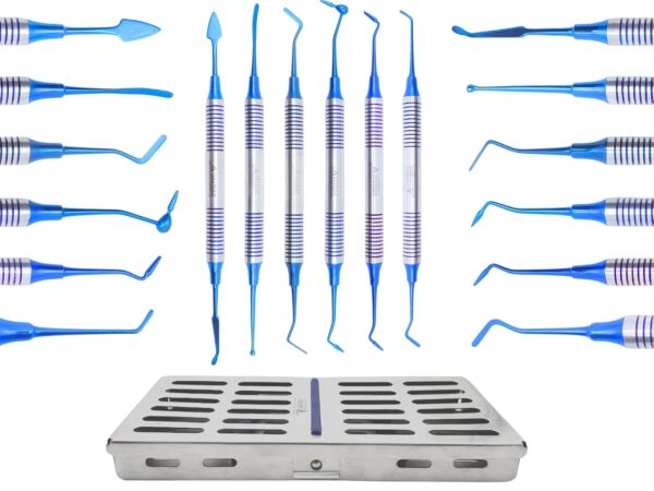 Dental Composite Non Stick Filling Instruments Kit (6 PCS, Blue Plasma Coated) Restorative Tools in Stainless Steel Cassette
